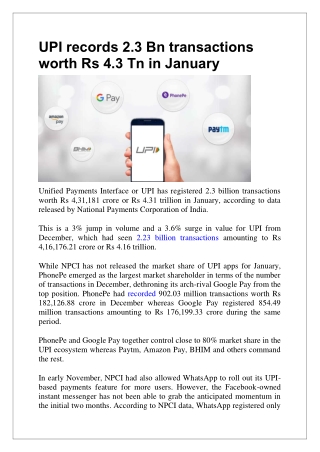 UPI records 2.3 Bn transactions worth Rs 4.3 Tn in January