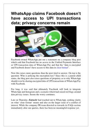 WhatsApp claims Facebook doesn’t have access to UPI transactions data; privacy concerns remain