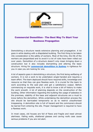 Commercial Demolition - The Best Way To Start Your Business Propagation