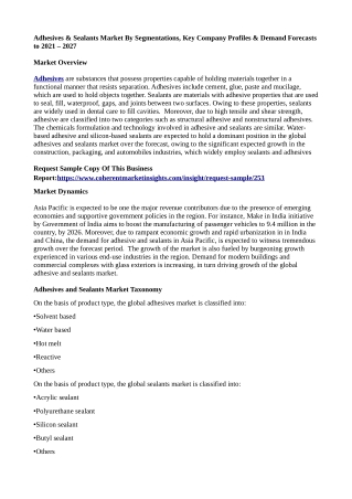 Adhesives & Sealants Market By Segmentations, Key Company Profiles & Demand Forecasts to 2021 – 2027