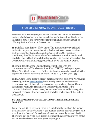 Steel and its Growth, Until 2021 Budget