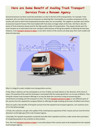 Here are Some Benefit of Availing Truck Transport Services From a Renown Agency