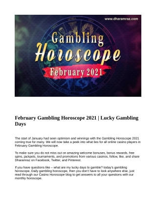 February Gambling Horoscope 2021 | Daily Gambling Horoscope