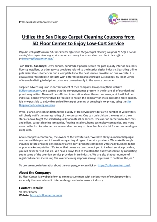 Utilize the San Diego Carpet Cleaning Coupons from SD Floor Center to Enjoy Low-Cost Service