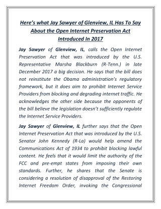 Here’s what Jay Sawyer of Glenview, IL Has To Say About the Open Internet Preservation Act Introduced In 2017