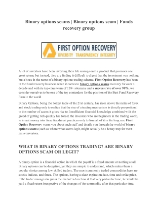 Binary Options Scams | First Option Recovery | Funds Recovery Group In Australia