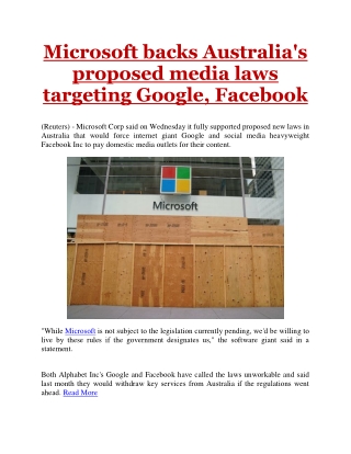 Microsoft backs Australia's proposed media laws targeting Google, Facebook