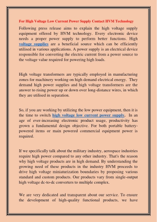 For High Voltage Low Current Power Supply Contact HVM Technology