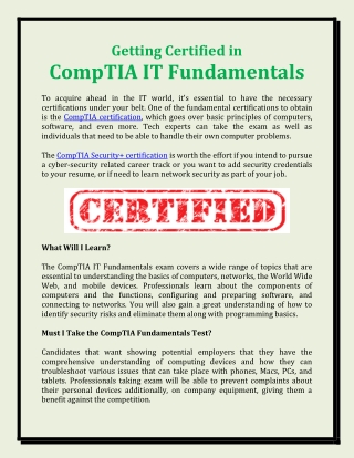 Getting Certified in  CompTIA IT Fundamentals
