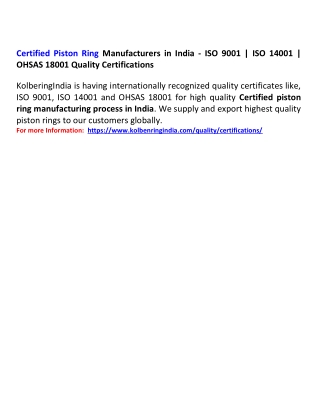 Certified Piston Ring Manufacturers in India - ISO 9001 | ISO 14001 | OHSAS 18001 Quality Certifications
