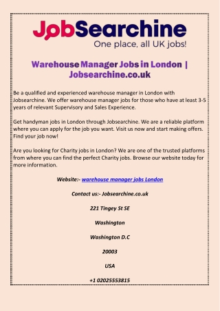 Warehouse Manager Jobs in London | Jobsearchine.co.uk