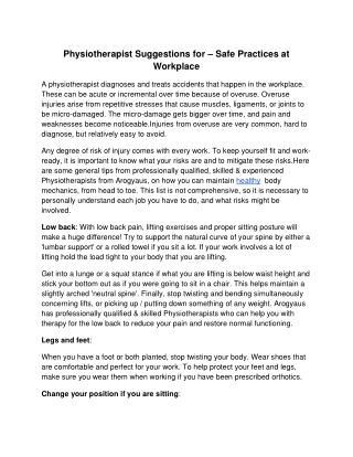 Physiotherapist Suggestions for – Safe Practices at Workplace