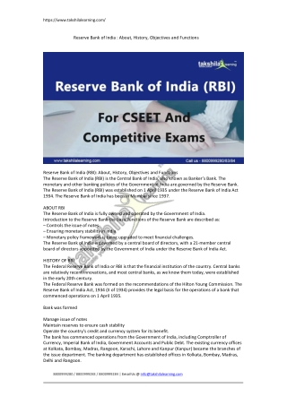 Reserve Bank of India (RBI) : About, History, Objectives and Functions