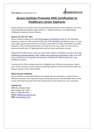 Access Institute: Promotes HHA Certification to Healthcare Career Aspirants