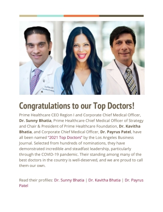 Congratulations to our Top Doctors | Prime Healthcare Services