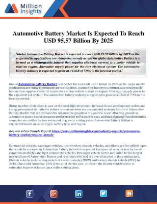 Global Automotive Battery Market Assessment by Application, Consumption and Share to 2025