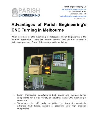 Advantages of Parish Engineering’s CNC Turning in Melbourne