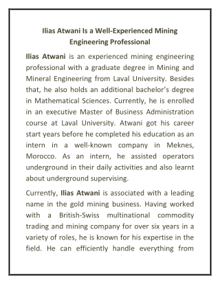 Ilias Atwani Is a Well-Experienced Mining Engineering Professional