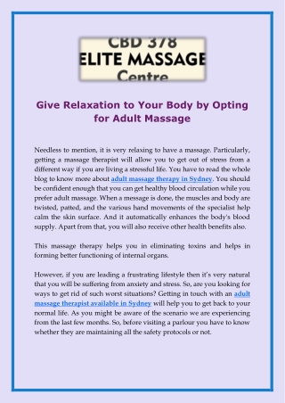 Give Relaxation to Your Body by Opting for Adult Massage