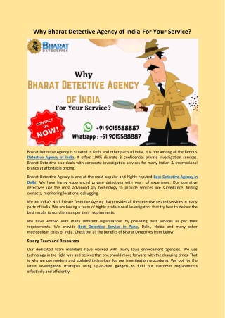 Why Bharat Detective Agency of India For Your Service?
