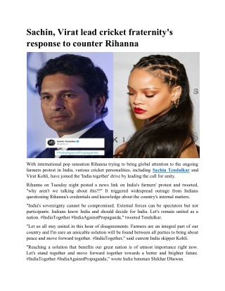 Sachin, Virat lead cricket fraternity's response to counter Rihanna