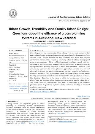 Urban Growth, Liveability and Quality Urban Design: Questions about the efficacy of urban planning systems in Auckland,