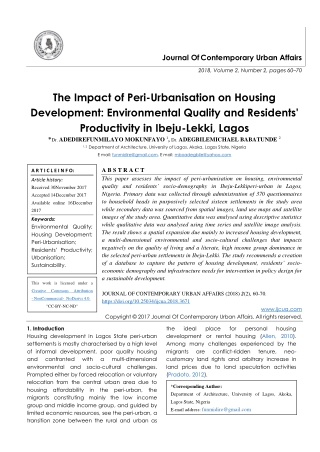 The Impact of Peri-Urbanisation on Housing Development: Environmental Quality and Residents' Productivity in Ibeju-Lekki