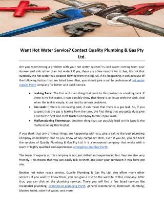 Want Hot Water Service? Contact Quality Plumbing & Gas Pty Ltd.