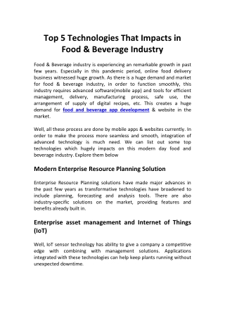 Top 5 Technologies that Impacts in Food and Beverage Industry