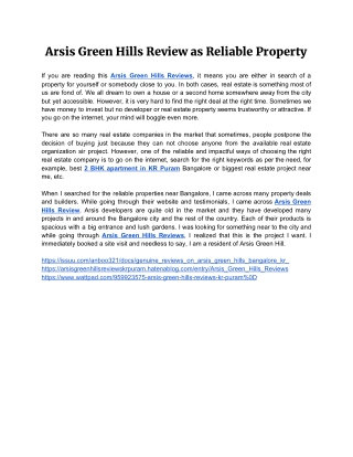 Arsis Green Hills Review as Reliable Property