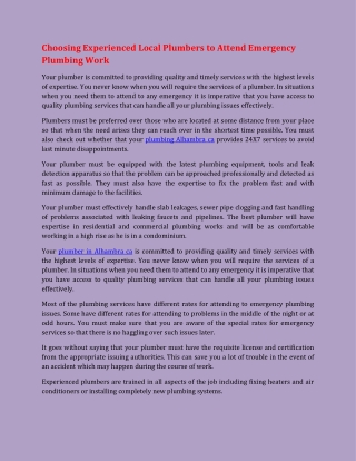 Choosing Experienced Local Plumbers to Attend Emergency Plumbing Work