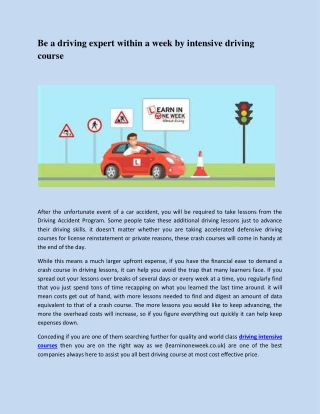 Be a driving expert within a week by intensive driving course