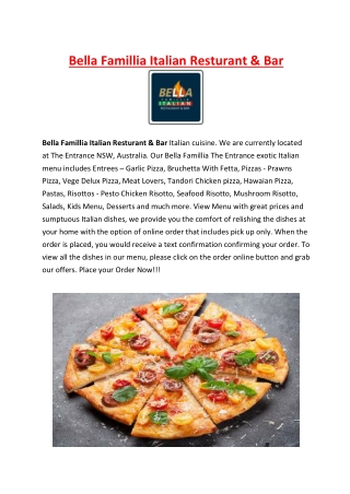 Bella Famillia The Entrance Restaurant Menu, NSW – 5% off