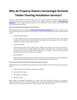 Why do Property Owners Increasingly Demand Timber Flooring Installation Services?