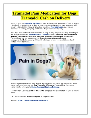 Tramadol Pain Medication for Dogs | Tramadol Cash on Delivery