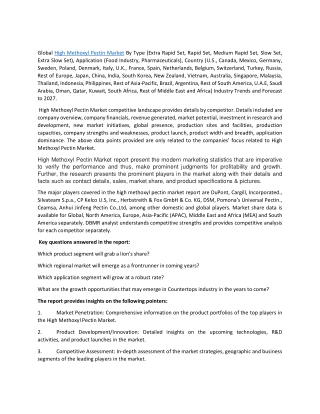 High Methoxyl Pectin Market Analysis by Top Players, Size, Share and Forecast to 2027