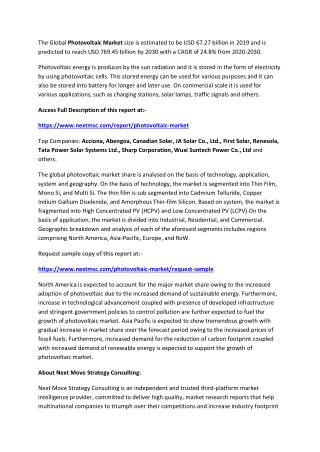 Photovoltaic Market Global Demand and Latest Technology 2021 to 2030