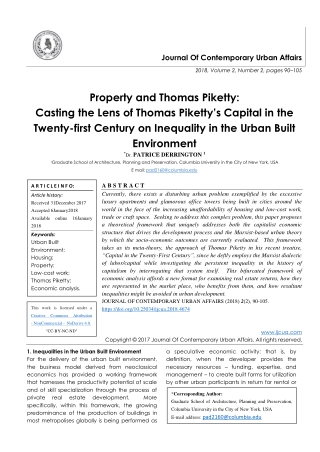 Property and Thomas Piketty: Casting the Lens of Thomas Piketty’s Capital in the Twenty-first Century on Inequality in t