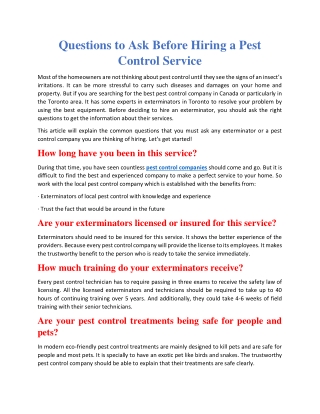 Questions to Ask Before Hiring a Pest Control Service