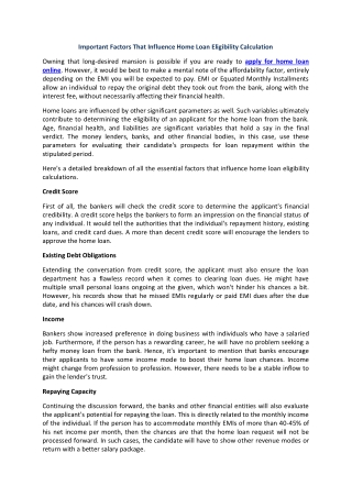 Important Factors That Influence Home Loan Eligibility Calculation