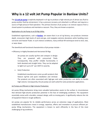 Why is a 12 volt Jet Pump Popular in Banlaw Units?