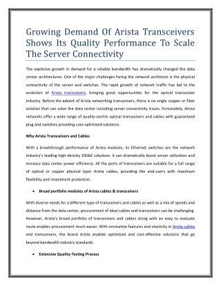 Growing Demand Of Arista Transceivers Shows Its Quality Performance To Scale The Server Connectivity