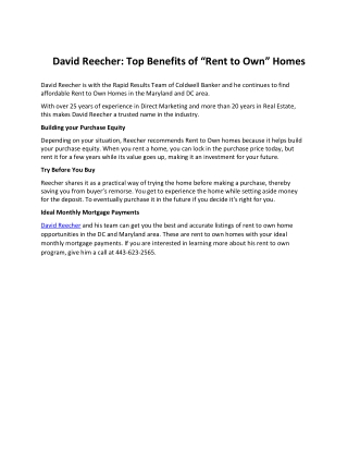 David Reecher Top Benefits of “Rent to Own” Homes