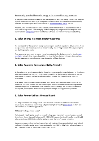 Reasons why you should use solar energy as the sustainable energy resources