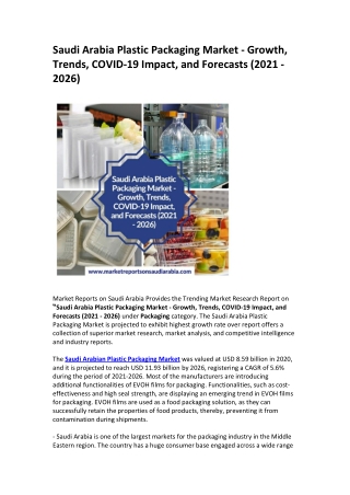 Saudi Arabia Plastic Packaging Market - Growth, Trends, COVID-19 Impact, and Forecasts (2021 - 2026)