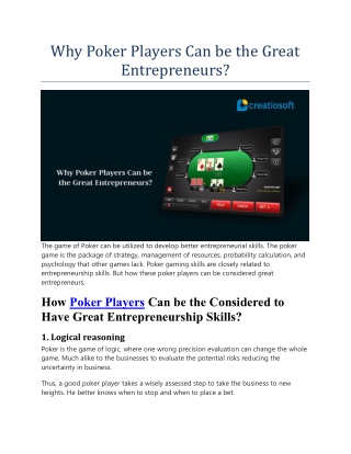 Why Poker Players Can be the Great Entrepreneurs?