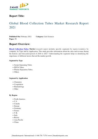 Blood Collection Tubes Market Research Report 2021