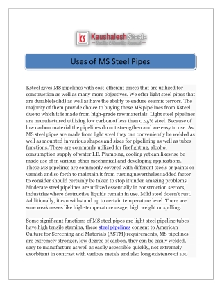 Uses of MS Steel Pipes