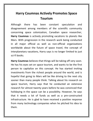 Harry Coumnas Actively Promotes Space Tourism