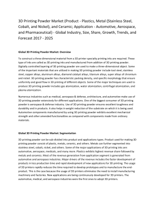 3D Printing Powder Market (Product - Plastics, Metal (Stainless Steel, Cobalt, and Nickel), and Ceramic; Application - A